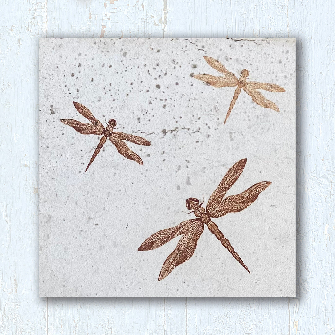 An art tile with a trio of three dragonflies on a beige porcelain tile