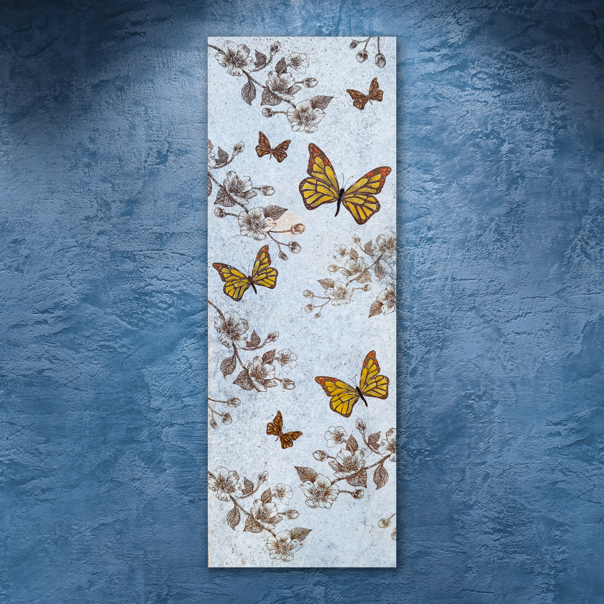 Vertical wall art with cherry blossoms and hand glazed butterflies