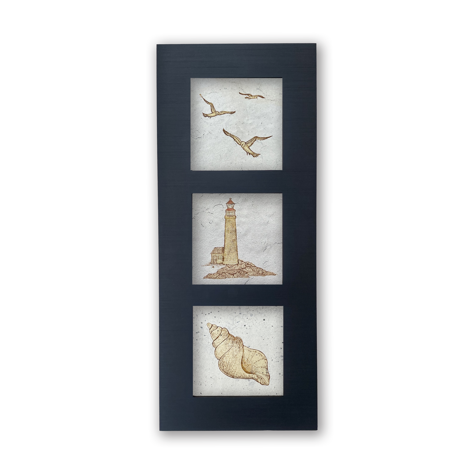 A trio of coastal images created on beige porcelain tile mounted in an anodized aluminum frame
