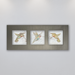 A trio of three different delicately coloured hummingbirds on beige porcelain tile mounted  horizontally in a light bronze anodized aluminum frame