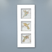 A trio of three different delicately coloured hummingbirds on beige porcelain tile mounted in a white aluminum frame