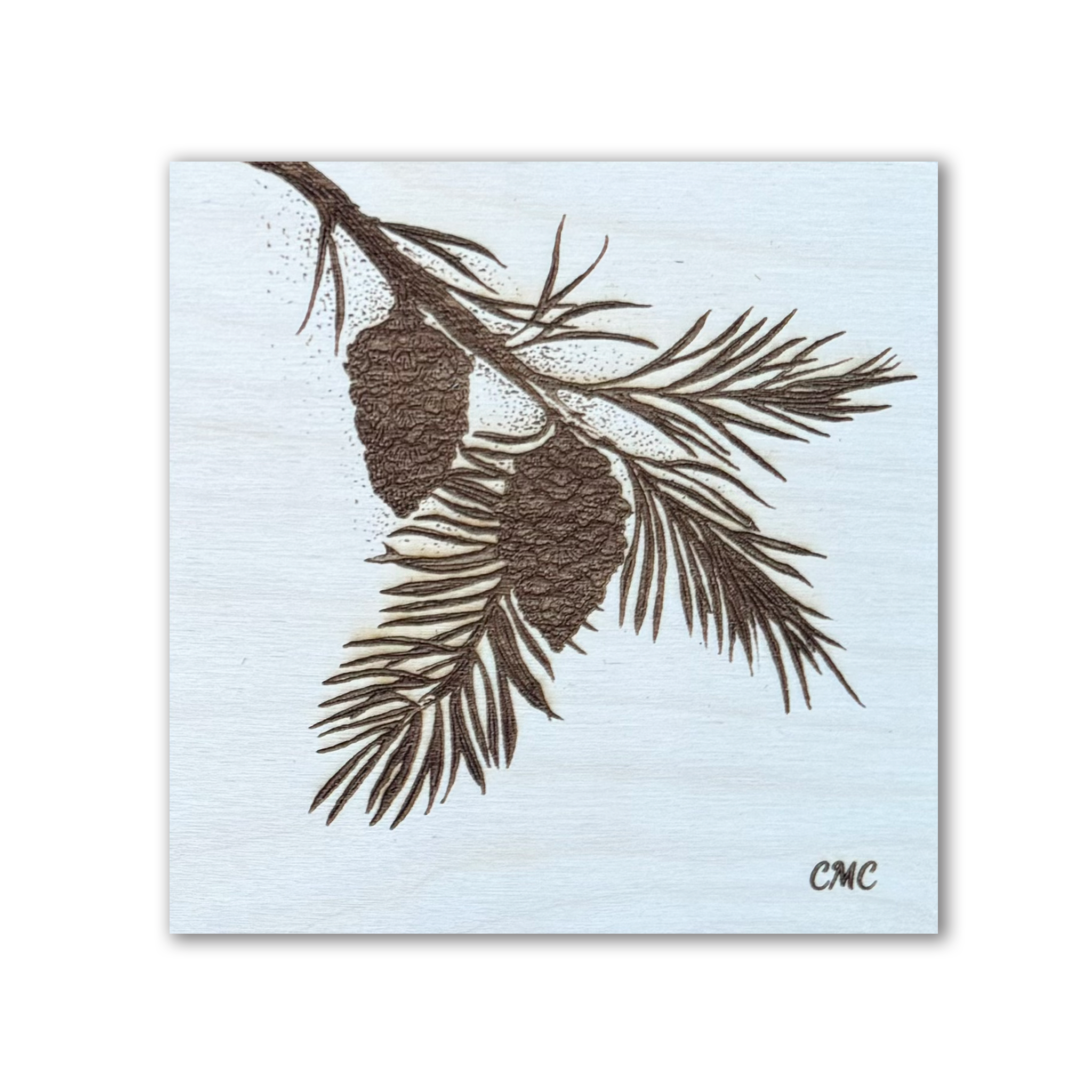  Hand crafted Laser engraved pine bough on natural baltic birch tile